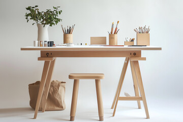 Wooden desk with art supplies and plant in a bright room