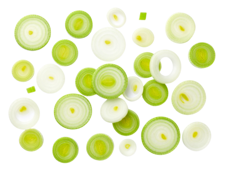 Chopped Green Onion Rings Scattered on White Surface, Overhead Composition