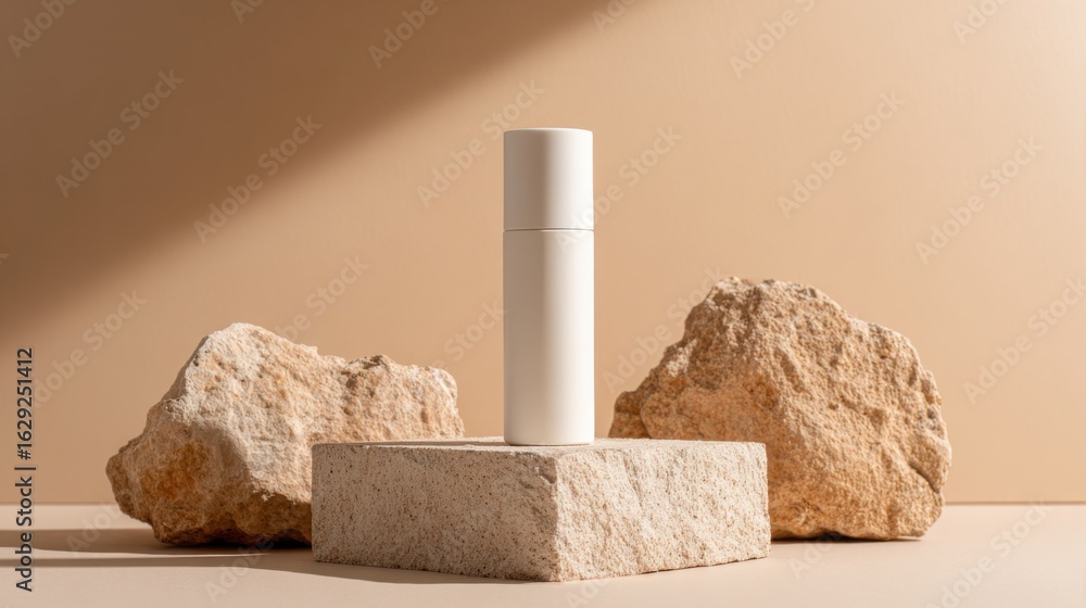 Poster a white cylindrical container stands upright on a rectangular stone, flanked by two rough stones. th