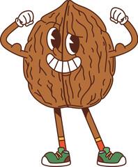 Cartoon groovy walnut strong and happy character. Healthy food and natural nutrition nut Y2K vector cheerful character. Whole walnut isolated happy personage or groovy mascot showing biceps muscles