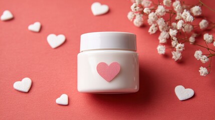 A charming white jar of cream sits on a soft pink background adorned with delicate hearts and tiny flowers. The heart sticker on the jar adds a playful touch to the composition.