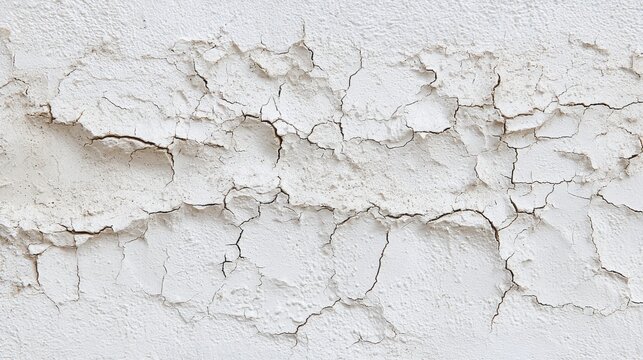 A detailed view of a white plaster wall shows extensive cracking and peeling paint. The fissures highlight the effects of time and environmental factors on the surface.