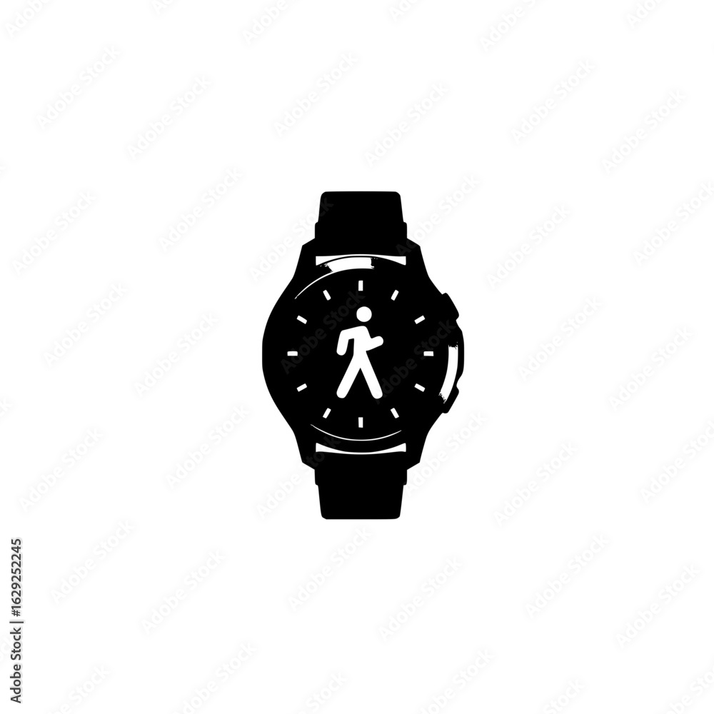 Poster digital smartwatch screen showing walking figure symbol representing health and exercise data