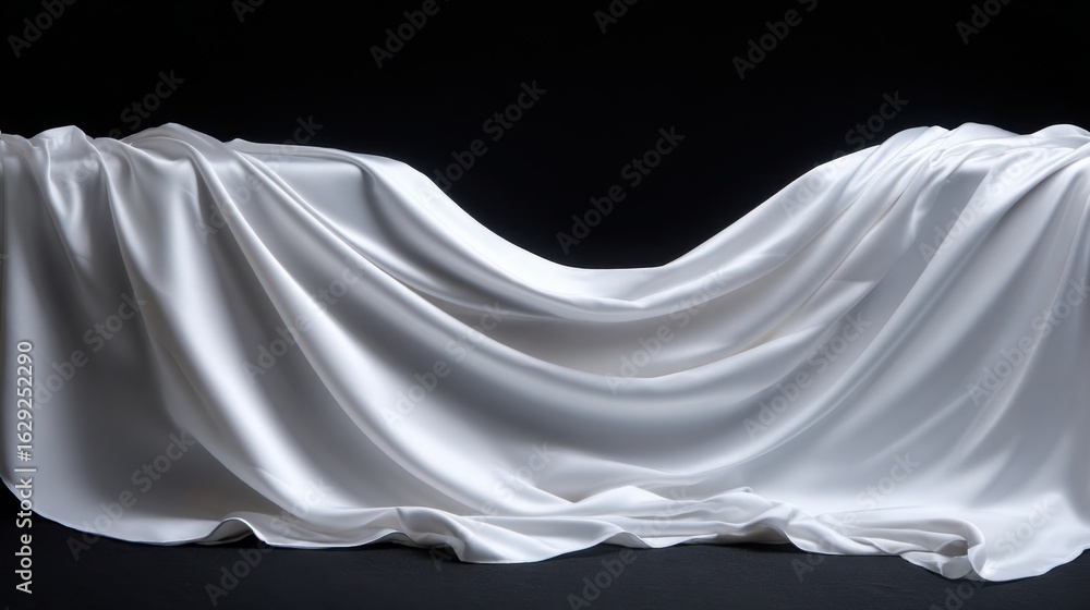 Poster soft, white fabric cascades gracefully over a dark surface, highlighting its smooth texture and the 