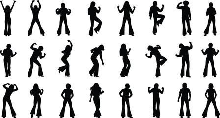 Retro Dance Silhouettes in Flared Pants, Standing and Moving Poses, Disco Vector Illustration for Party, Entertainment, Motion, Fun, Art