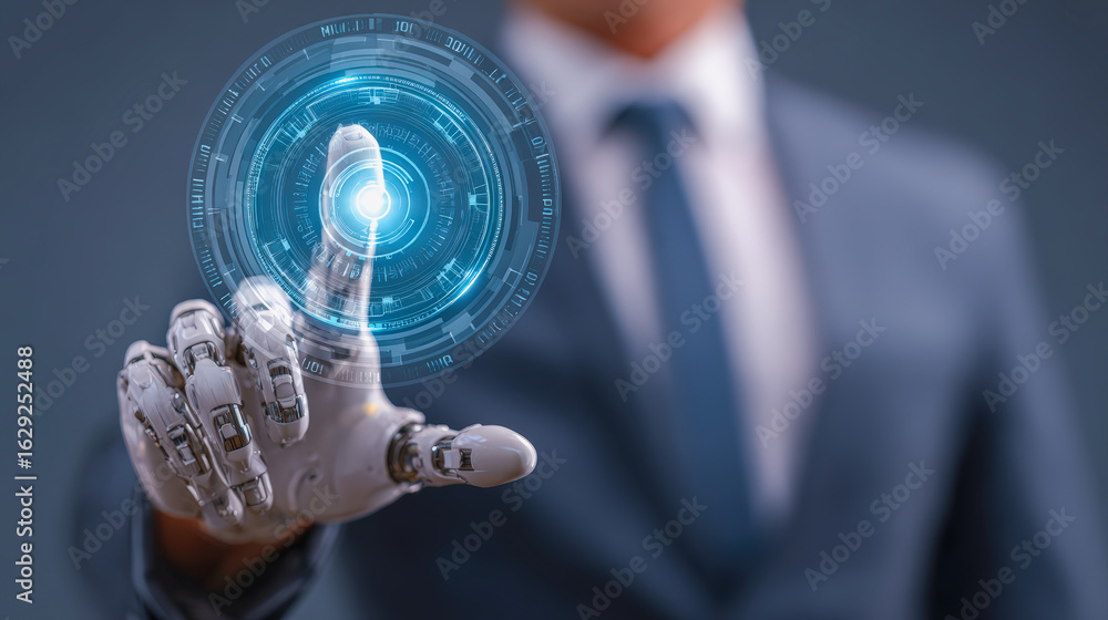 Poster businessman using futuristic robotic hand to interact with digital interface, showcasing technology 