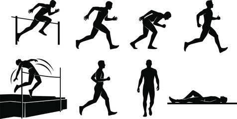 Silhouette of Athletes in Various Track and Field Actions, Sprint, Hurdle Jump, High Jump, Jogging, Resting, Vector Sports Illustration