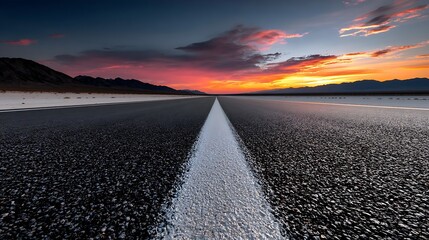 Fototapeta premium A perfectly smooth, black asphalt highway stretches towards the horizon in a desert landscape at sunset.