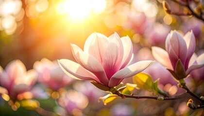 Backlit pink flowers bloom at sunset