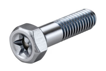 A detailed image of a metal screw featuring a hexagonal head and fine threading.