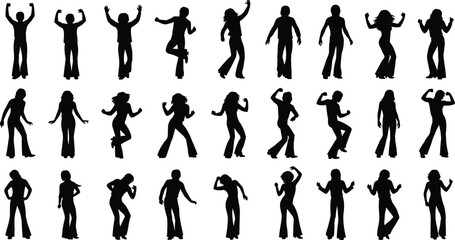 Silhouettes of People Standing and Dancing in Varied Poses, Black Vector Illustration for Art, Design, Entertainment, Expression, Movement