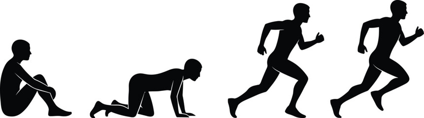  Silhouettes of person sitting, crawling, running gradually, motion progression from stationary to active movement, dynamic fitness, motivation, development, action
