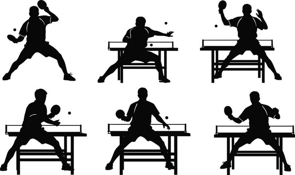 Table tennis silhouette collection, ping pong action poses, sport movement sequence, athlete techniques, racket gameplay illustration, training reference for players