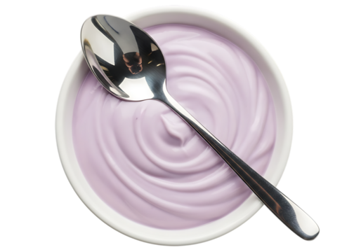Purple yogurt in a Vector illustration of white bowl with a silver spoon graphic design isolated on a transparent background - Powered by Adobe