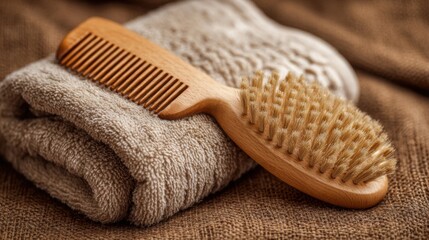 A soft, neutral towel supports a natural wooden comb beside a brush, showcasing an inviting atmosphere for personal grooming and self-care routines.