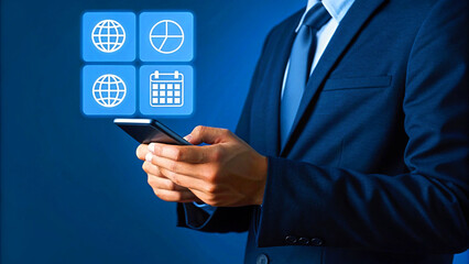 Modern businessman skillfully manages global data and schedules on his smartphone, embracing digital innovation for success.