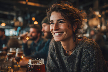 Happy smiling friends drinking beer glasses sitting at brewery pub restaurant table