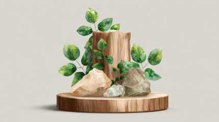 A wooden pedestal displays an artistic arrangement of natural elements, including smooth stones of various sizes and vibrant green leaves, creating a serene indoor decor.