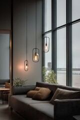 Modern living room with pendant lights and a view