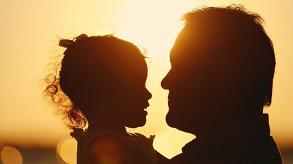 A father and daughter sharing a tender moment in silhouette against a breathtaking sunset.