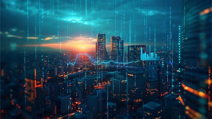Futuristic cityscape with data visualization overlaid, blending technology and urban life. Capturing a modern vision of innovation and progress