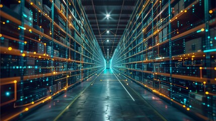 Warehouse filled with rows of storage racks, lit by vibrant and glowing digital network lights. The rows of storage shelves extending into the distance creates a sense of depth.