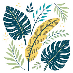 Obraz premium Vibrant tropical leaves and feather illustration on black background