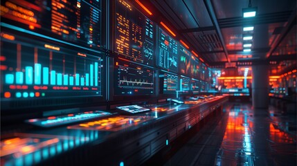 A futuristic command center, filled with glowing screens and data visualizations. The environment looks modern and high-tech