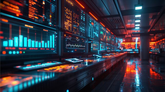 A futuristic command center, filled with glowing screens and data visualizations. The environment looks modern and high-tech