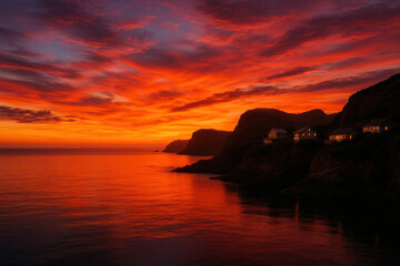 Coastal Sunset Serenity: A breathtaking panoramic view of the coastline at sunset, where the sky is ablaze with vibrant hues of orange and red and the sea reflects the fiery colors.