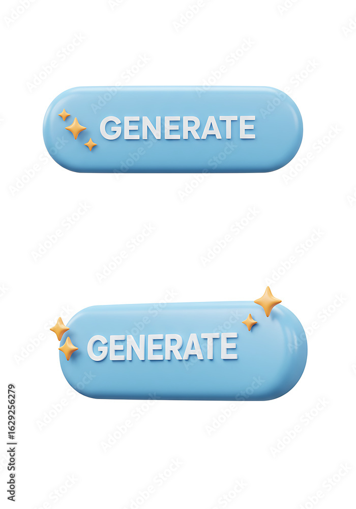 Poster a set of two light blue 3d 'generate' buttons with a glossy finish and yellow sparkles.