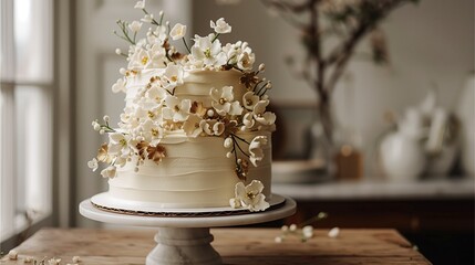 a wedding cake decorated with delicate flowers sitting on a table