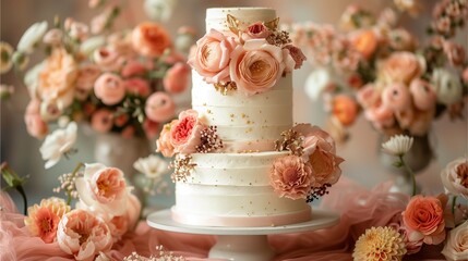 a beautiful wedding cake with flowers that adorned with elegant and graceful. The cake features multiple tiers, decorated with pastel pink roses, creating a visually stunning display
