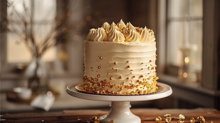 a beautifully decorated cake on a elegant white cake stand, captured in a softly lit indoor setting. The cake is adorned with golden sprinkles and frosting