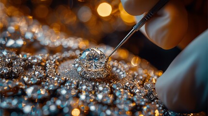 a close-up shot showcases a skilled artisan meticulously working on a diamond ring, highlighting the precision and artistry involved in crafting luxury jewelry