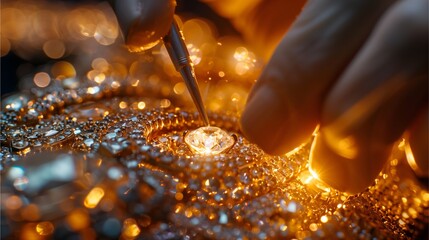 A jeweler meticulously sets a gemstone in a piece of jewelry, highlighting the artistry and detail of the craftsmanship. The scene is bathed in a warm, golden light.