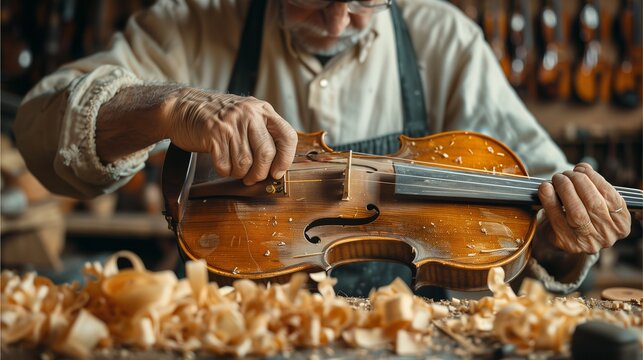 A skilled artisan meticulously crafting a violin with traditional techniques. A close-up shot showcases the meticulous craftsmanship and detail that goes into each instrument
