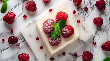 A close-up shot of a delicious cheesecake topped with fresh raspberries and mint leaves, showcasing a vibrant dessert.