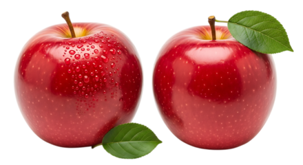Two Shiny Red Apples with Water Droplets and Green Leaves fruit fresh Vector illustration of isolated on a transparent background