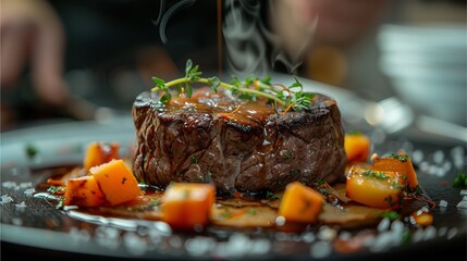 a culinary masterpiece featuring a perfectly seared steak, meticulously garnished and artfully presented