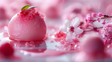 Close-up shot of a delicious pink dessert with vibrant flowers. The dessert sits amidst scattered petals, creating a soft, romantic, and visually appealing scene.