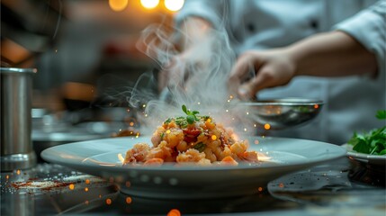 a chef delicately plating a steaming dish, highlighting the culinary art in a professional kitchen