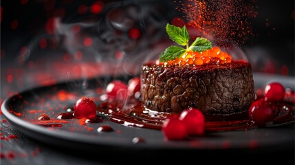 A close-up shot showcases a gourmet dish, a culinary delight. The dish features a beautifully presented meal with vibrant garnishes