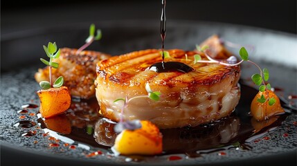 a culinary masterpiece, featuring a precisely cooked scallop drizzled with a rich, dark sauce, arranged on a sophisticated plate alongside carefully selected garnishes