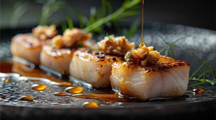 scallops with drizzling sauce on a plate, a culinary masterpiece. The dish is garnished with small pieces of herbs.
