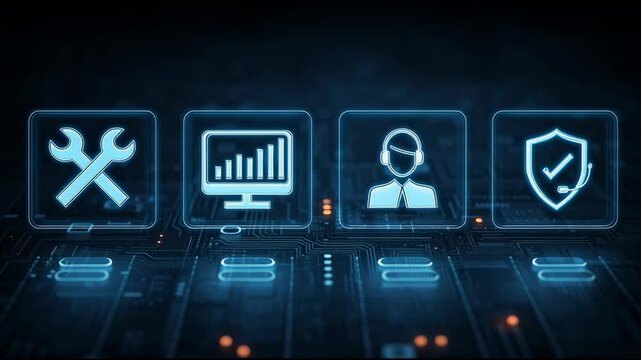 A 2D, digital illustration, featuring four glowing neon blue icons, on a dark, futuristic tech background. Icons are arranged, side by side and include: a wrench and screwdriver crossed, a computer mo