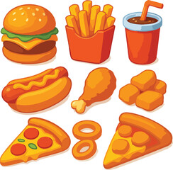 Colorful Fast Food Illustration Set on White Background.