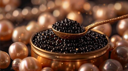 luxurious caviar served in a golden container. A spoonful of black caviar is presented among pearls, evoking a sense of opulence