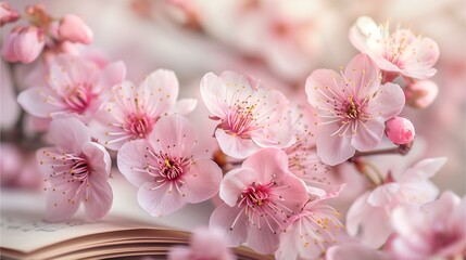 close up view of beautiful pink cherry blossom flowers with an open book