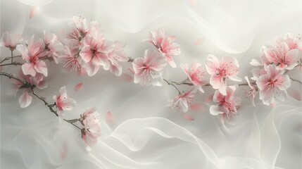 a delicate branch adorned with soft pink cherry blossoms against a flowing fabric. The blossoms exude a sense of tranquility and natural beauty